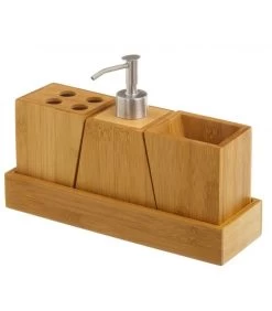 Set Bambou Salle De Bain Distributeur Savon, Porte Brosse à Dents, Gobelet Rangement