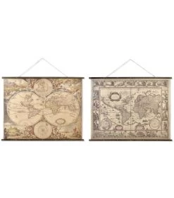 Set De 2 Cartes Du Monde Sur Toile En Lin Multicolore - 155x122cm