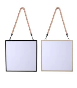 Set De 2 Miroirs Carrés Suspendus Corde Noir Et Doré - 30x30cm