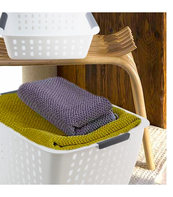 Set De 2 Paniers Rectangulaires Buanderie Plastique Blanc Et Gris 5 Set De 2 Paniers Rectangulaires Buanderie Plastique Blanc Et Gris – Image 3