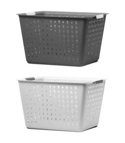 Set De 2 Paniers Rectangulaires Buanderie Plastique Blanc Et Gris