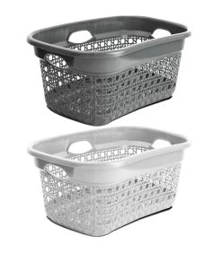 Set De 2 Paniers Rectangulaires Buanderie Plastique Blanc Et Gris 60L