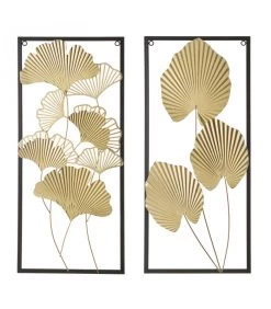 Set De 2 Panneaux Décoratifs Muraux En Métal Noir Et Doré Feuillage