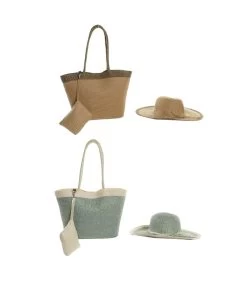 Set De 2 Sacs + 2 Chapeaux Fibres Naturelles Tressées - Marron Et Vert