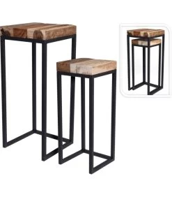 Set De 2 Sellettes Gigognes En Métal Noir Et Bois Recyclé -Produits Menagers Boutique set de 2 sellettes gigognes en metal noir et bois recycle 1