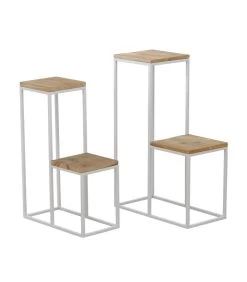 Set De 2 Supports Pots Plantes Étagés En Métal Blanc Et Bois