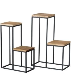 Set De 2 Supports Pots Plantes étagés En Métal Noir Et Bois