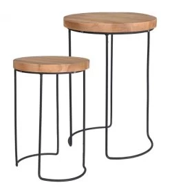 Set De 2 Tables Basses Rondes D'Appoint En Métal Noir Et Plateaux Bois