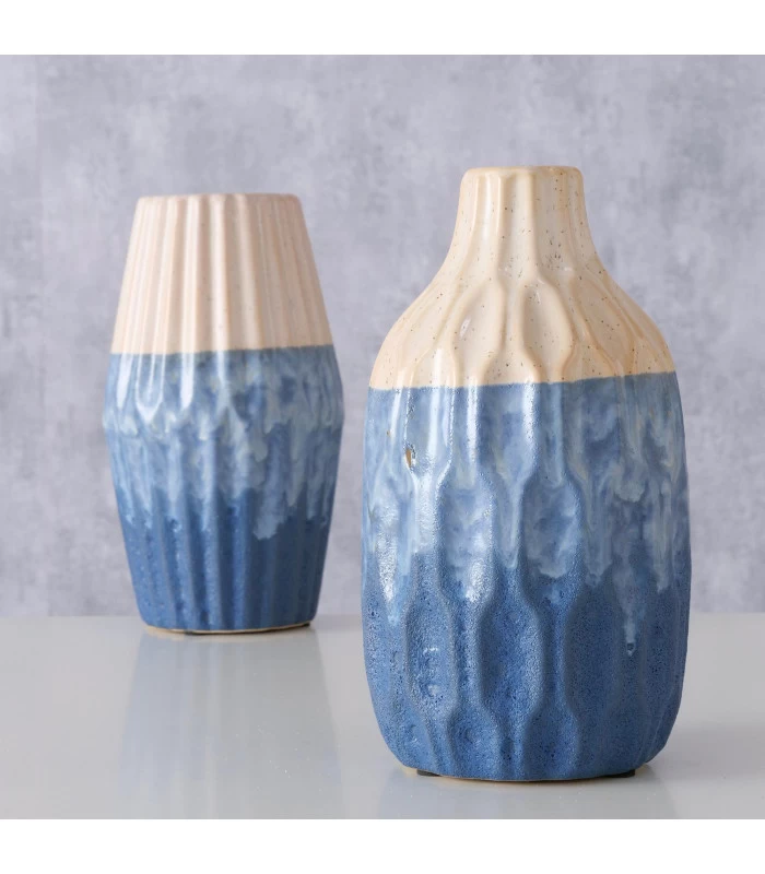 Set De 2 Vases En Poterie Blanc Crème Et Bleu H21cm 5 Set De 2 Vases En Poterie Blanc Crème Et Bleu H21cm – Image 3