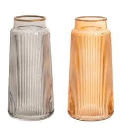 Set De 2 Vases En Verre Strié Gris Et Ambre 11x11x25cm