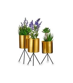 Set De 3 Cache-Pots Sur Pied Ronds En Métal Noir Et Doré -Produits Menagers Boutique set de 3 cache pots sur pied ronds en metal noir et dore 2