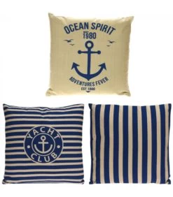 Set De 3 Coussins En Coton Bleu Et Beige - 45x45cm