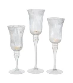 Set De 3 Photophores Sur Pieds En Verre Strié