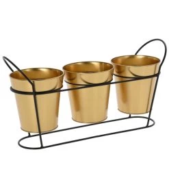 Set De 3 Pots Plantes Dorés Avec Support Métal Noir