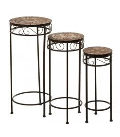 Set De 3 Sellettes En Métal Noir Et Plateaux Carreaux Céramique Rétro