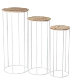 Set De 3 Sellettes Rondes En Métal Blanc Et Plateaux Bois 31x31x81cm