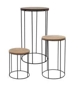 Set De 3 Supports Pots Plantes Ronds En Métal Noir Et Bois