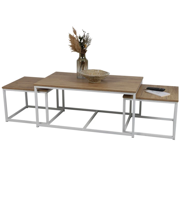 Set De 3 Tables Basses Gigognes Bois Et Métal Blanc 100xx60x45cm 4 Set De 3 Tables Basses Gigognes Bois Et Métal Blanc 100xx60x45cm – Image 2