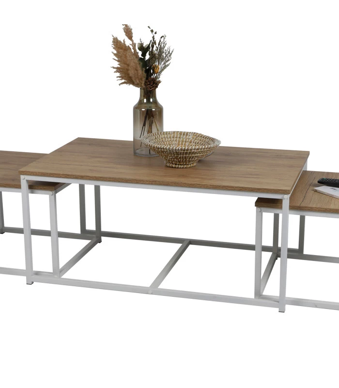 Set De 3 Tables Basses Gigognes Bois Et Métal Blanc 100xx60x45cm 5 Set De 3 Tables Basses Gigognes Bois Et Métal Blanc 100xx60x45cm – Image 3
