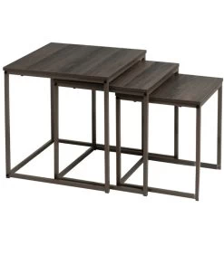 Set De 3 Tables Basses Gigognes Bois Et Métal Gris 40x40x42cm