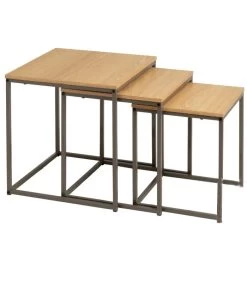 Set De 3 Tables Basses Gigognes Couleur Bois Naturel Et Métal Gris 40x40x42cm