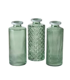 Set De 3 Vases Soliflores En Verre Taillé Vert Et Argenté 5x5x13cm