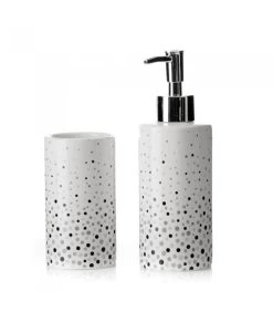 Set Salle De Bain Blanc à Pois Gris - Distributeur Savon + Verre