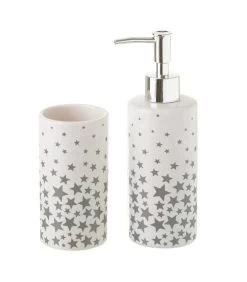 Set Salle De Bain Blanc Et étoiles Grises - Distributeur Savon + Verre