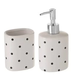 Set Salle De Bain Blanc Pois Noirs - Distributeur Savon + Verre