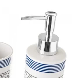Set Salle De Bain Bleu Et Blanc Coquillages - Distributeur Savon + Verre -Produits Menagers Boutique set salle de bain bleu et blanc coquillages distributeur savon verre 2