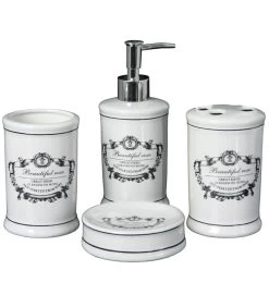 Set Salle De Bain Céramique Blanc Et Noir 4 Pièces
