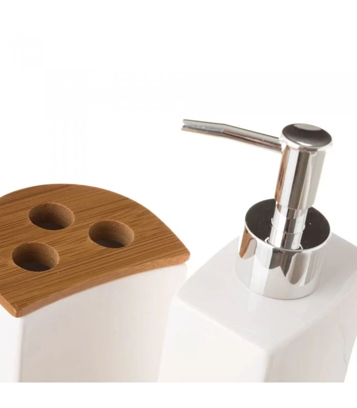 Set Salle De Bain Céramique Et Bambou - Distributeur Savon, Verre, Porte Brosse à Dents 4 Set Salle De Bain Céramique Et Bambou - Distributeur Savon, Verre, Porte Brosse à Dents – Image 2