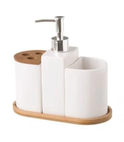 Set Salle De Bain Céramique Et Bambou - Distributeur Savon, Verre, Porte Brosse à Dents