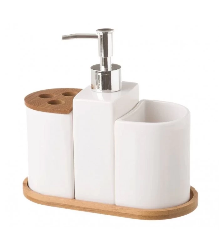 Set Salle De Bain Céramique Et Bambou - Distributeur Savon, Verre, Porte Brosse à Dents 3 Set Salle De Bain Céramique Et Bambou - Distributeur Savon, Verre, Porte Brosse à Dents