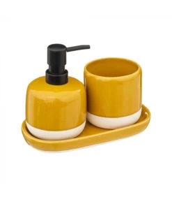 Set Salle De Bain Céramique Jaune, Blanc Et Noir - 3 Pièces