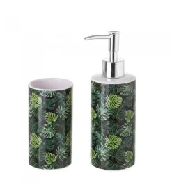 Set Salle De Bain Feuillage Tropical - Distributeur Savon + Verre