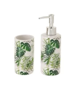 Set Salle De Bain Feuillage Vert - Distributeur Savon + Verre