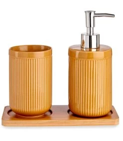 Set Salle De Bain Jaune En Céramique Et Plateau Bambou