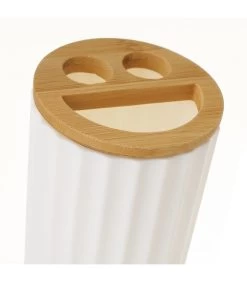 Set Salle De Bain Plastique Blanc Et Bambou - 4 Pièces -Produits Menagers Boutique set salle de bain plastique blanc et bambou 4 pieces 3