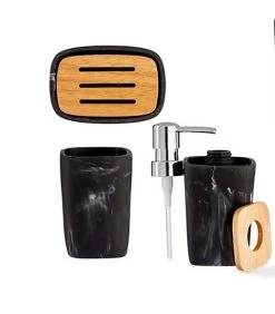 Set Salle De Bain Plastique Effet Marbre Noir Et Bambou - 3 Pièces -Produits Menagers Boutique set salle de bain plastique effet marbre noir et bambou 3 pieces 2