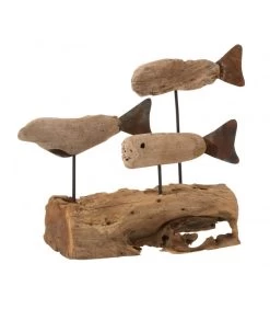 Statue Déco à Poser En Bois Flotté Et Métal 3 Poissons - 28x15x21cm