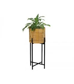 Support Pot Plante En Rotin Synthétique Et Métal Noir - 30x77cm