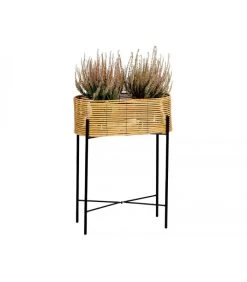 Support Pot Plante En Rotin Synthétique Et Métal Noir - 49x20x66cm