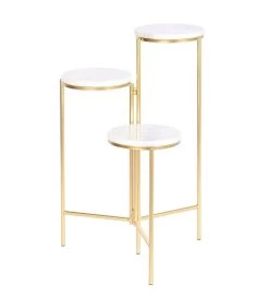 Support Pots Plantes Métal Doré Et 3 Plateaux Marbre Blanc 48x48x75.5cm