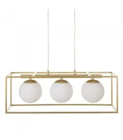 Suspension En Métal Doré Et 3 Globes En Verre Opale Blanc