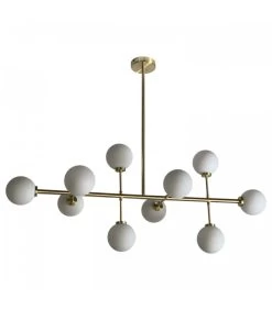 Suspension En Métal Doré Et Dix Globes En Verre Opale Blanc