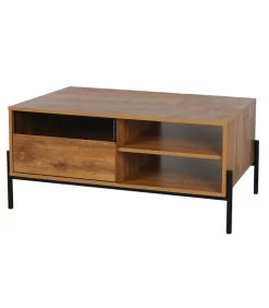 Table Basse Bois Et Métal Noir étagères Et Placard 100x55x45cm