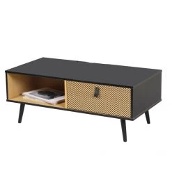 Table Basse Noir Et Bois 1 Tiroir Avec Motifs Chelsea - 100x50x40cm
