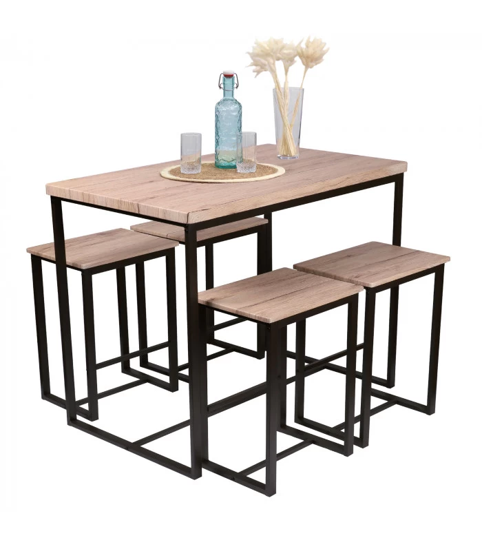 Table De Bar + 4 Tabourets De Bar En Bois Et Métal Noir 4 Table De Bar + 4 Tabourets De Bar En Bois Et Métal Noir – Image 2