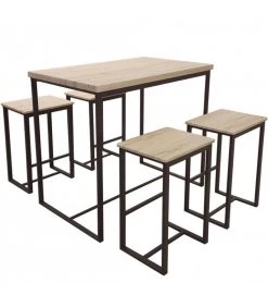 Table De Bar + 4 Tabourets De Bar En Bois Et Métal Noir